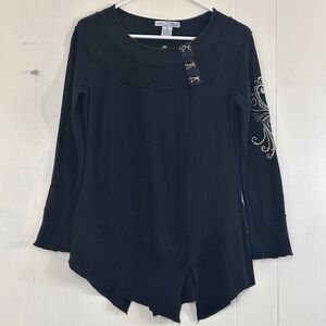 Women's RXB Shirt Black Embroidery Size M Long Sleeve Asymmetrical Hem Top